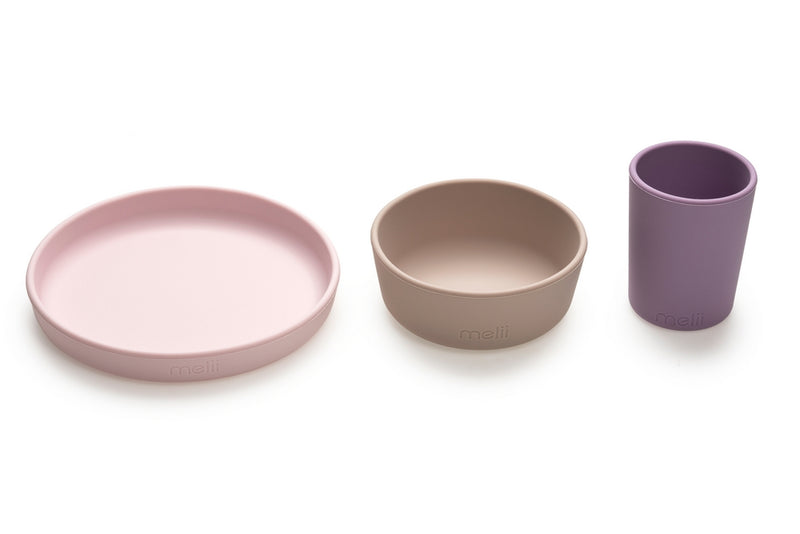 SILICONE FEEDING SET - PURPLE, GREY & PINK (3PC SET)