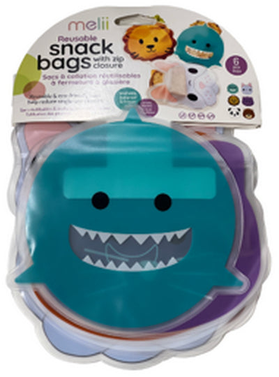 PEVA REUSABLE SNACK BAGS - PANDA, BULLDOG, LION, BEAR, SHARK, CAT (6 PC SET)