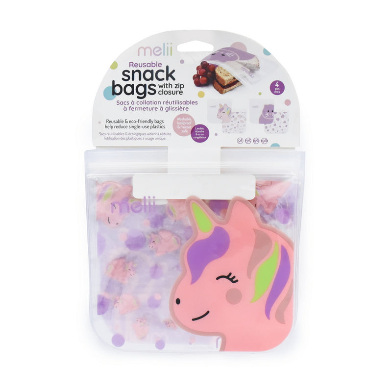 REUSABLE SNACK BAGS W/ ZIP CLOSURE - 4PK - 2 CAT , 2 UNICORN