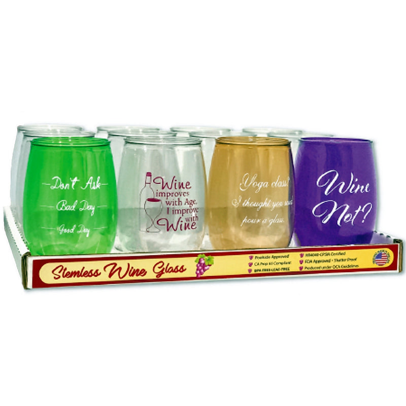 ACRYLIC - STEMLESS WINE GLASSES - NOVELTY SAYINGS (COUNTER DISPLAY)