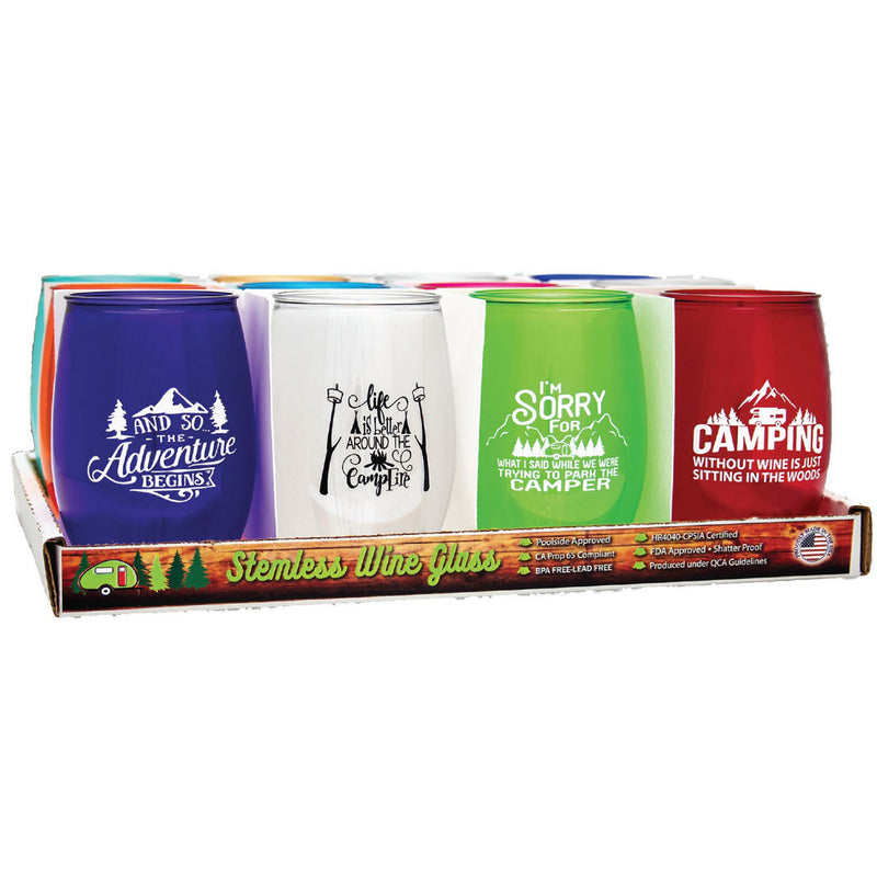 ACRYLIC - STEMLESS WINE GLASSES - CAMPING MIX (COUNTER DISPLAY)