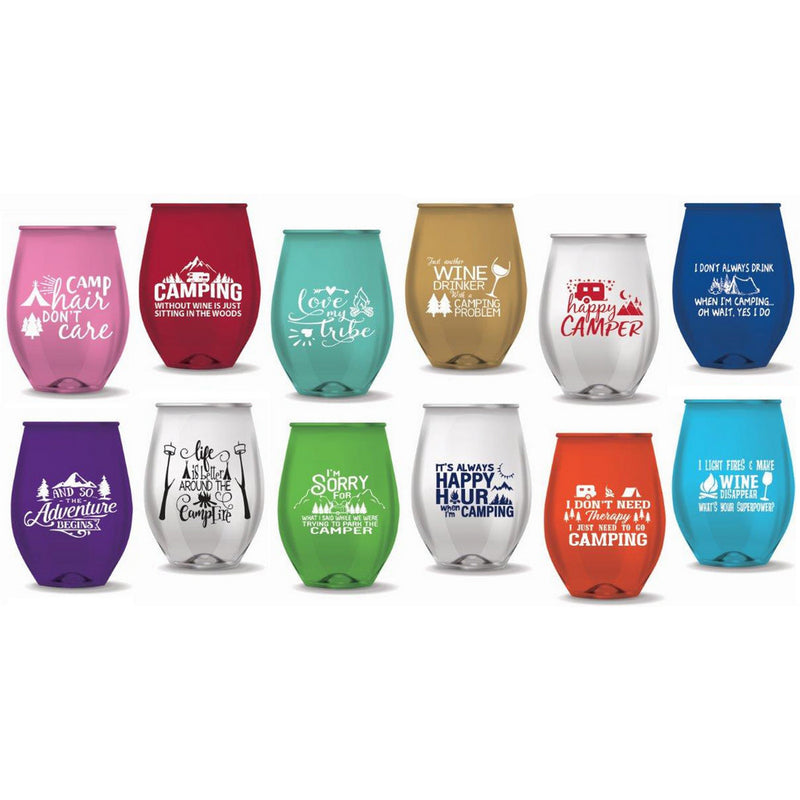 ACRYLIC - STEMLESS WINE GLASSES - CAMPING MIX (COUNTER DISPLAY)