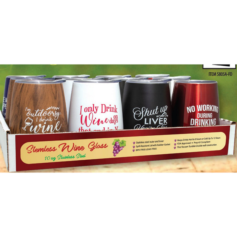 STAINLESS STEEL STEMLESS WINE GLASSES - CHRISTMAS MIX (COUNTER DISPLAY)