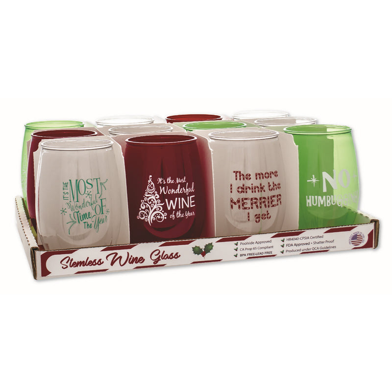 ACRYLIC STEMLESS WINE GLASSES - CHRISTMAS MIX (FLOOR DISPLAY 84 PC )